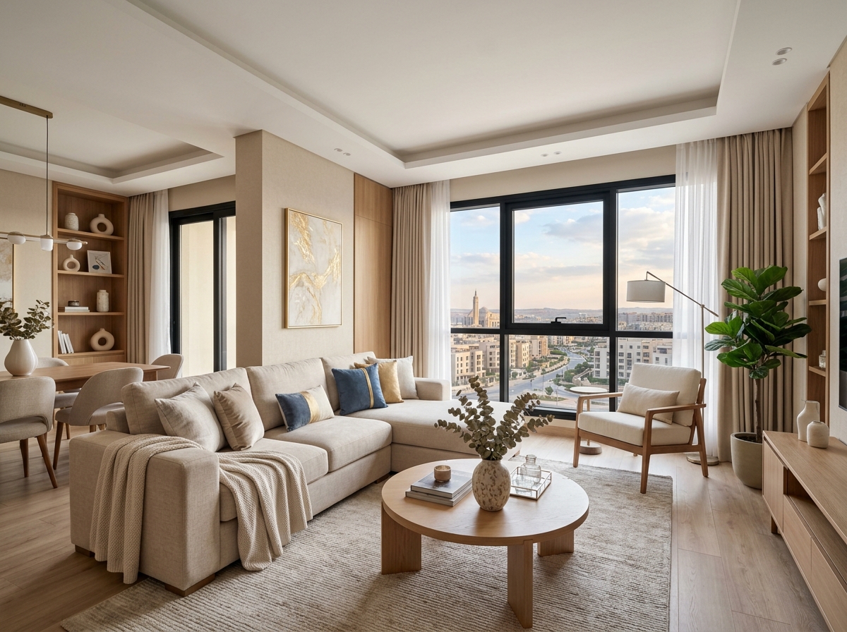 A bright apartment living room with large windows