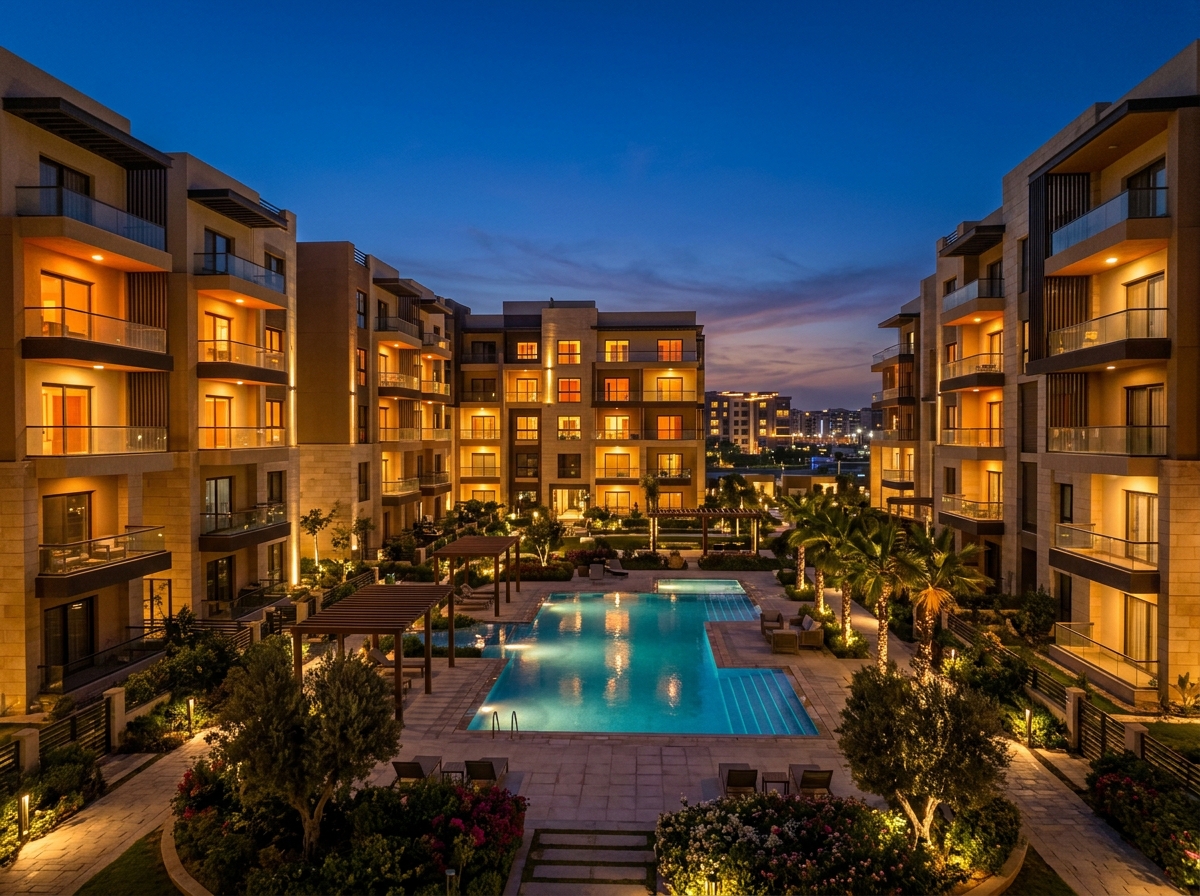 Residential apartment buildings lit at dusk around a courtyard pool