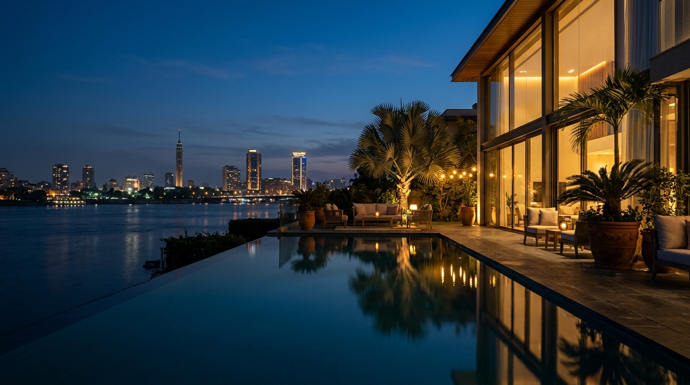 A lit villa terrace and pool at dusk with the Cairo skyline in the distance