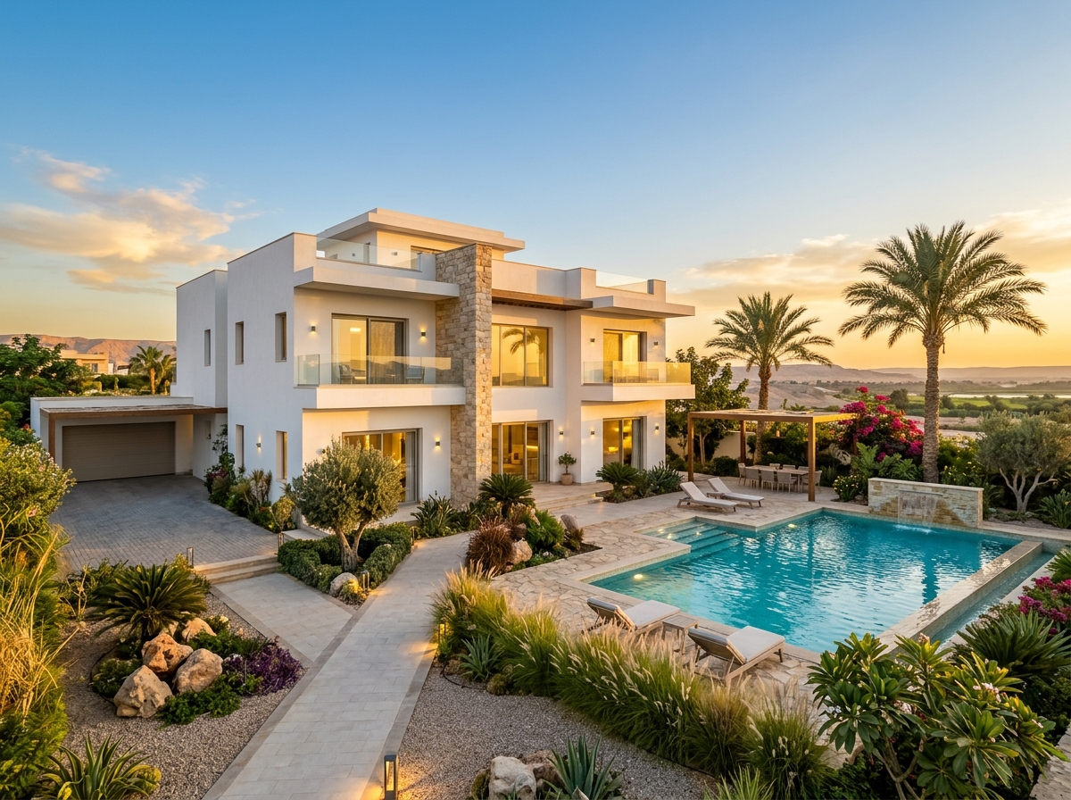 A modern villa with a garden, palms and a pool